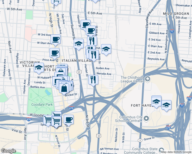 map of restaurants, bars, coffee shops, grocery stores, and more near 772 North 4th Street in Columbus