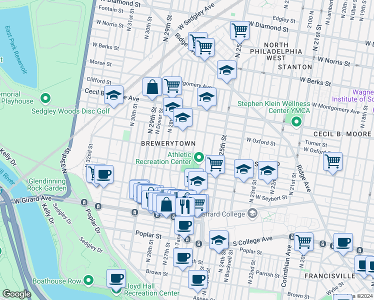 map of restaurants, bars, coffee shops, grocery stores, and more near 2639 West Jefferson Street in Philadelphia