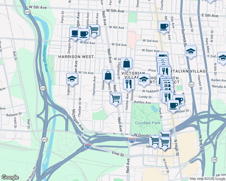 map of restaurants, bars, coffee shops, grocery stores, and more near 839 Neil Avenue in Columbus