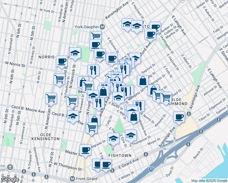 map of restaurants, bars, coffee shops, grocery stores, and more near 2001 Frankford Avenue in Philadelphia