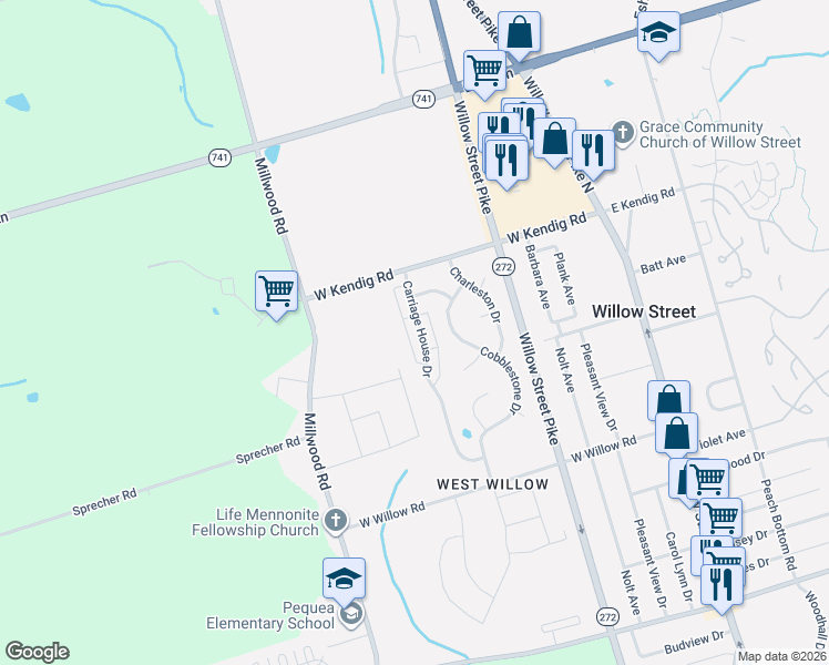 map of restaurants, bars, coffee shops, grocery stores, and more near 70 Carriage House Drive in Willow Street