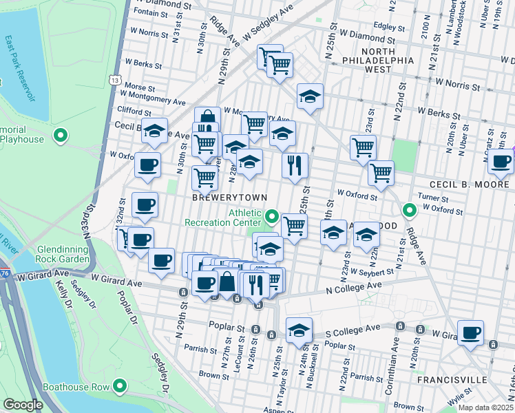 map of restaurants, bars, coffee shops, grocery stores, and more near 2637 West Jefferson Street in Philadelphia