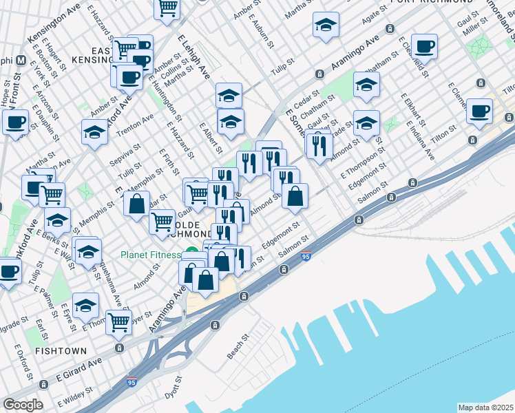 map of restaurants, bars, coffee shops, grocery stores, and more near 2626 Almond Street in Philadelphia