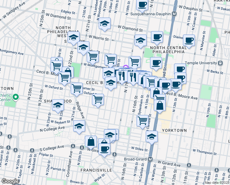 map of restaurants, bars, coffee shops, grocery stores, and more near 1615 North 18th Street in Philadelphia