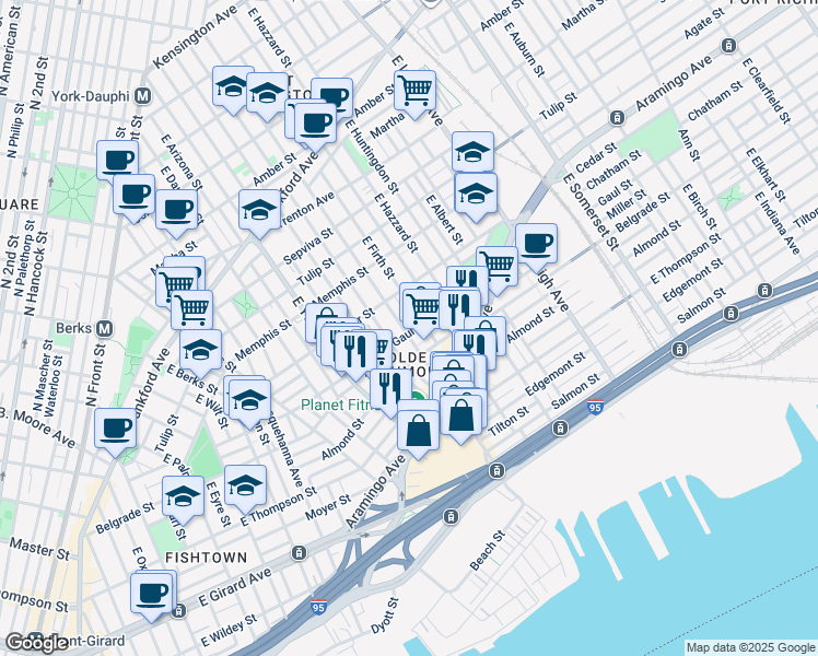 map of restaurants, bars, coffee shops, grocery stores, and more near 2445 East Cumberland Street in Philadelphia