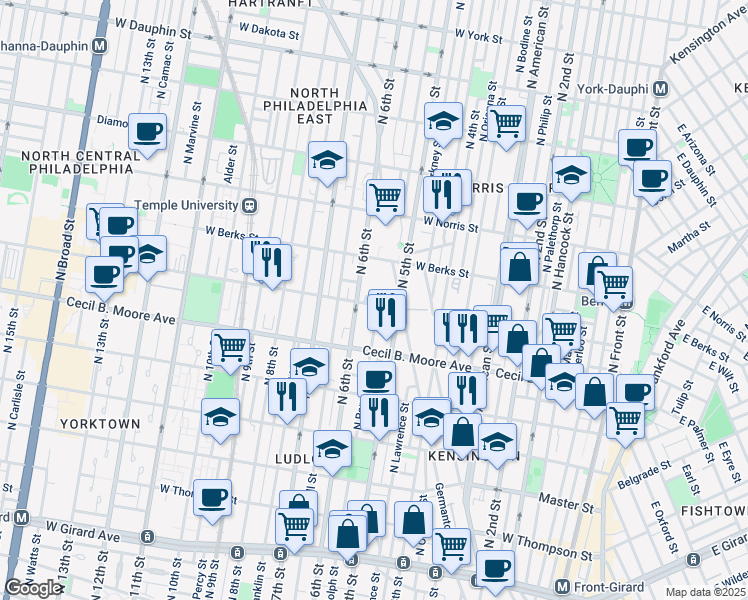 map of restaurants, bars, coffee shops, grocery stores, and more near 533 West Montgomery Avenue in Philadelphia