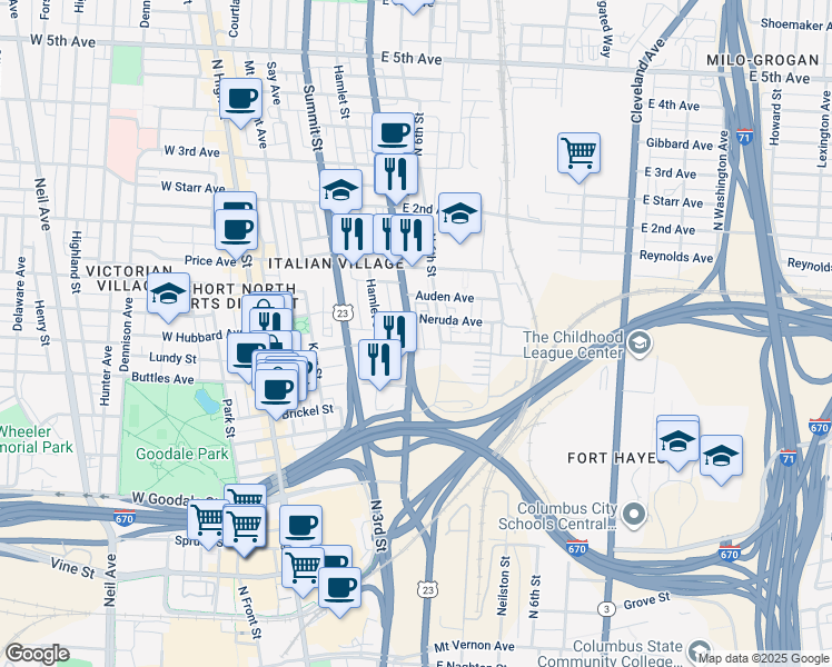 map of restaurants, bars, coffee shops, grocery stores, and more near 761 North 4th Street in Columbus
