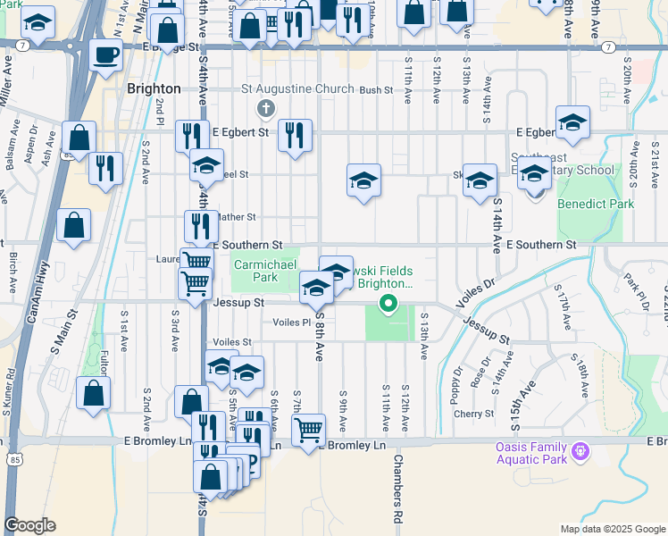 map of restaurants, bars, coffee shops, grocery stores, and more near 879 Jessup Street in Brighton