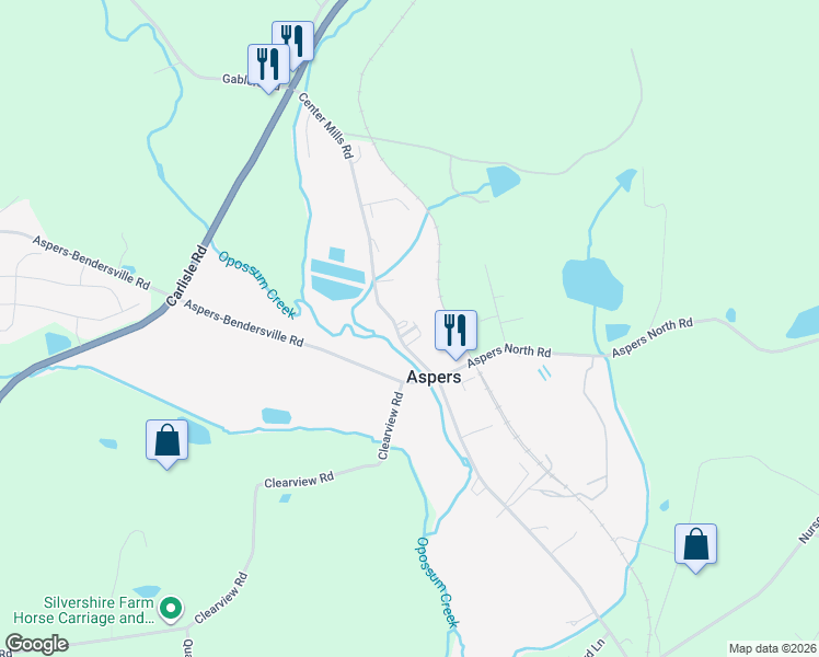 map of restaurants, bars, coffee shops, grocery stores, and more near 1593 Center Mills Road in Aspers