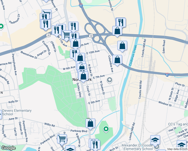 map of restaurants, bars, coffee shops, grocery stores, and more near 107 East 7th Avenue in York