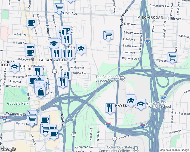 map of restaurants, bars, coffee shops, grocery stores, and more near 744 Civitas Avenue in Columbus