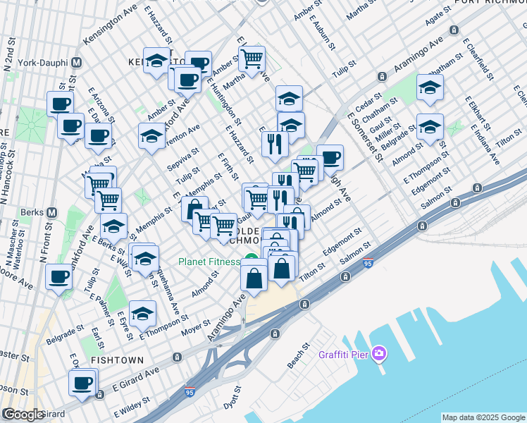 map of restaurants, bars, coffee shops, grocery stores, and more near 2503 East Firth Street in Philadelphia
