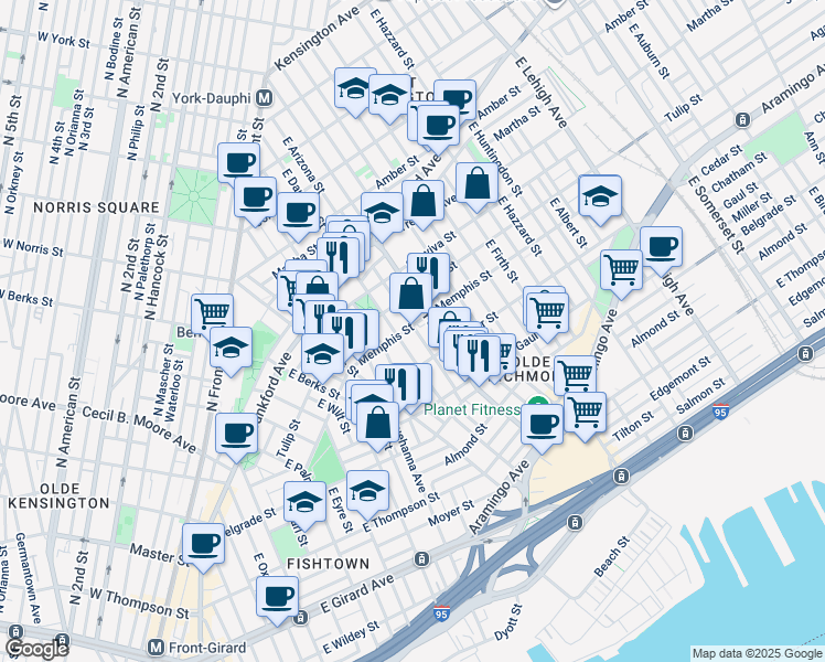 map of restaurants, bars, coffee shops, grocery stores, and more near 2315 Memphis Street in Philadelphia