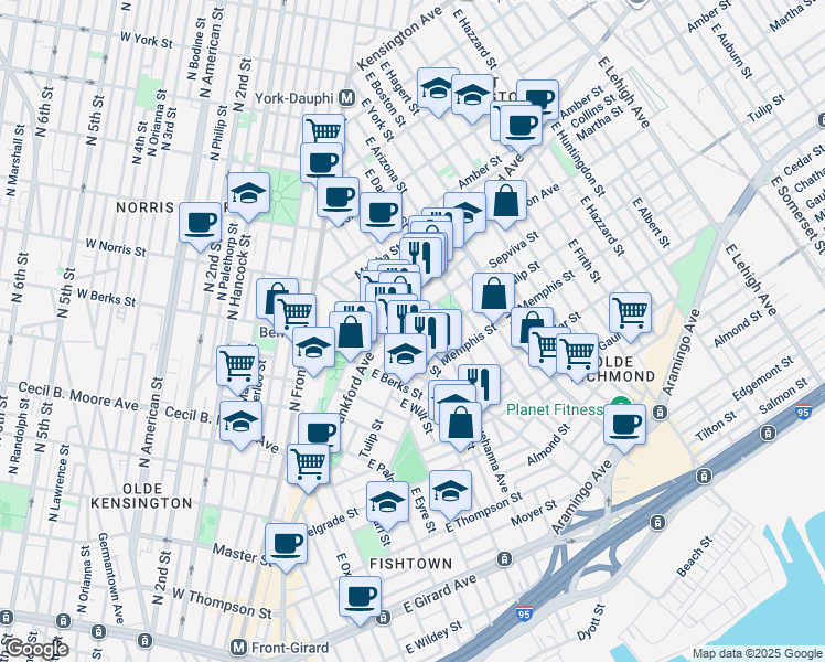 map of restaurants, bars, coffee shops, grocery stores, and more near 2017 Sepviva Street in Philadelphia