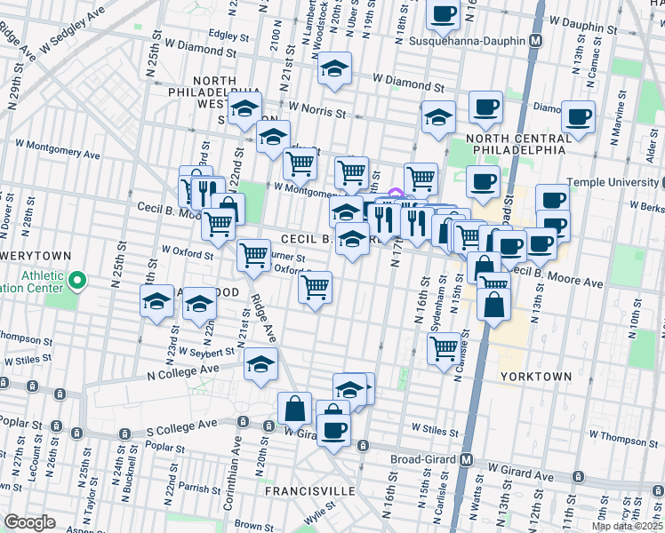 map of restaurants, bars, coffee shops, grocery stores, and more near 1615 North 19th Street in Philadelphia