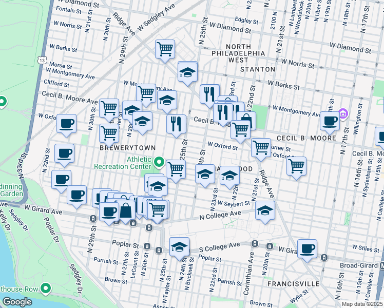map of restaurants, bars, coffee shops, grocery stores, and more near 2420 Bolton Street in Philadelphia