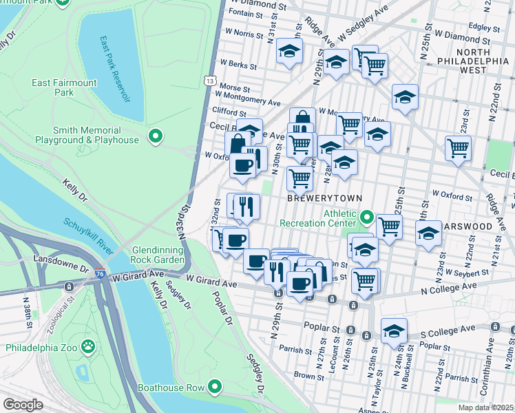 map of restaurants, bars, coffee shops, grocery stores, and more near 1436 North Corlies Street in Philadelphia