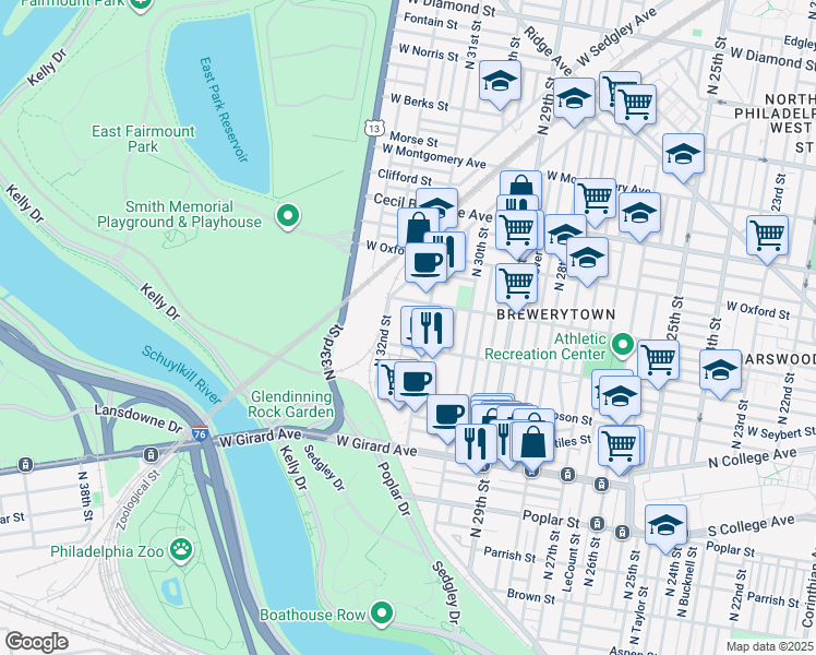 map of restaurants, bars, coffee shops, grocery stores, and more near 1410 North 31st Street in Philadelphia
