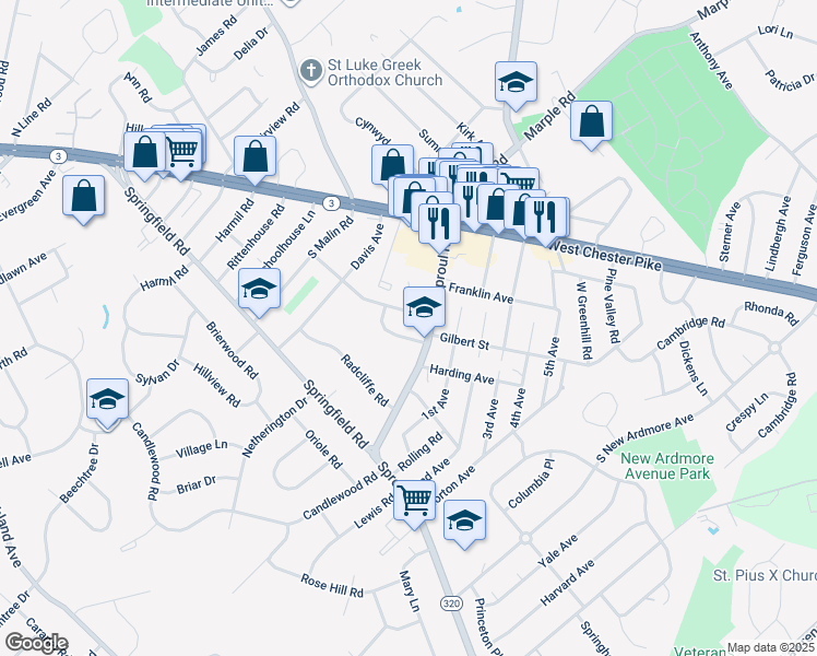 map of restaurants, bars, coffee shops, grocery stores, and more near 2607 Harding Avenue in Broomall