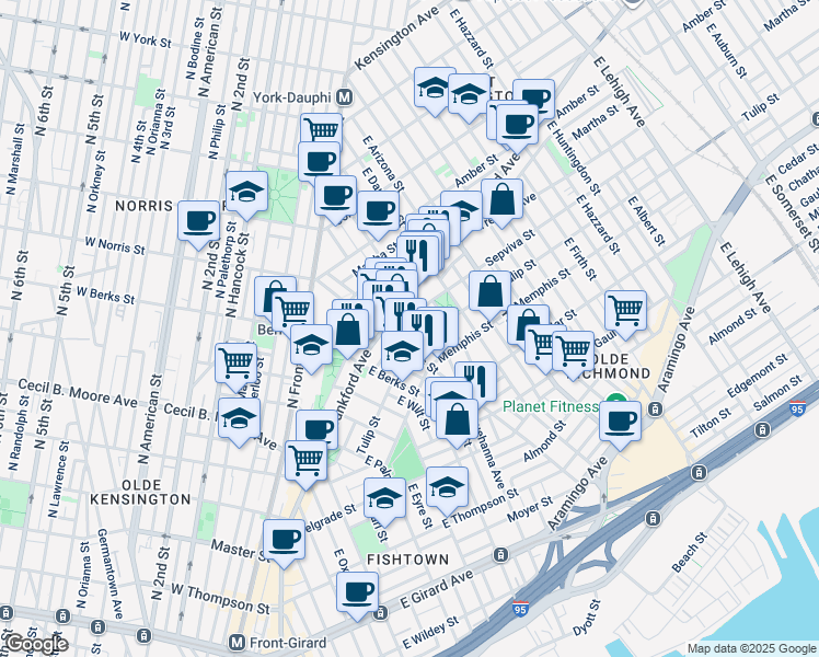 map of restaurants, bars, coffee shops, grocery stores, and more near 2017 Sepviva Street in Philadelphia