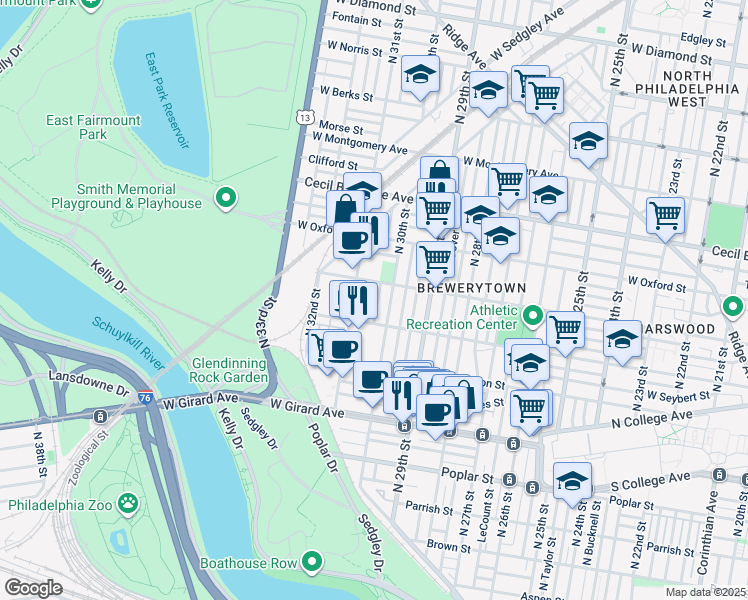 map of restaurants, bars, coffee shops, grocery stores, and more near 1436 North Corlies Street in Philadelphia