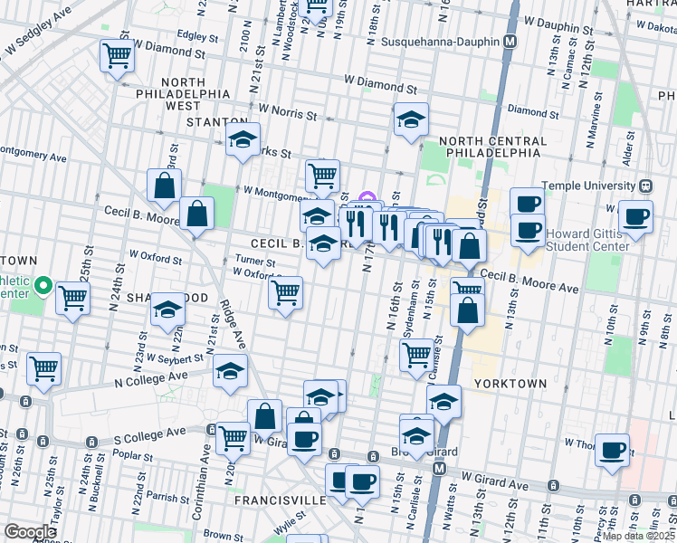 map of restaurants, bars, coffee shops, grocery stores, and more near 1617 North 18th Street in Philadelphia