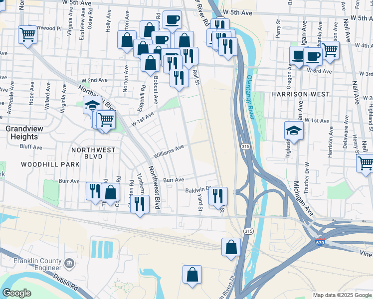 map of restaurants, bars, coffee shops, grocery stores, and more near 895 Yard Street in Grandview Heights