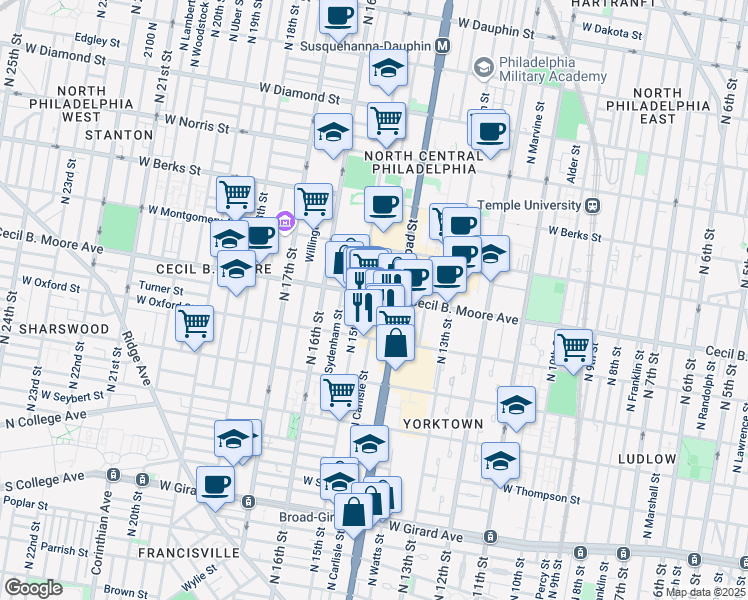 map of restaurants, bars, coffee shops, grocery stores, and more near 1420 Cecil B. Moore Avenue in Philadelphia