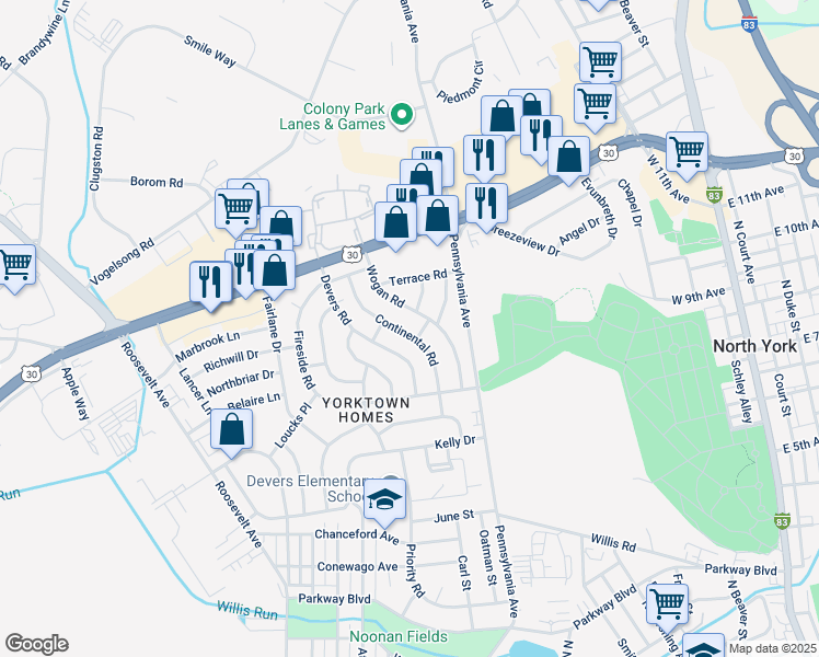 map of restaurants, bars, coffee shops, grocery stores, and more near 1405 Continental Road in York