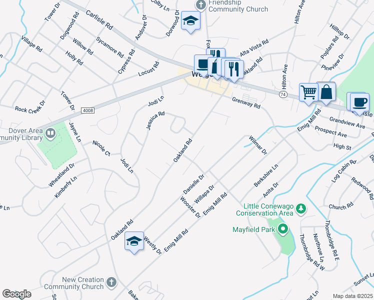 map of restaurants, bars, coffee shops, grocery stores, and more near 2585 Oakland Road in Dover
