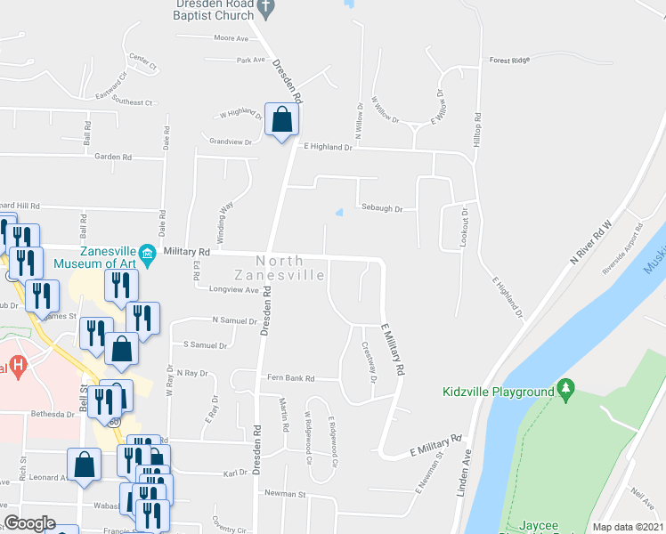 map of restaurants, bars, coffee shops, grocery stores, and more near 3030 Coldspring Road in Zanesville