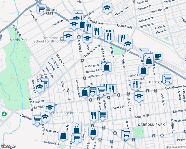 map of restaurants, bars, coffee shops, grocery stores, and more near 1742 North 62nd Street in Philadelphia