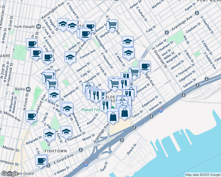 map of restaurants, bars, coffee shops, grocery stores, and more near 2443 East Cumberland Street in Philadelphia