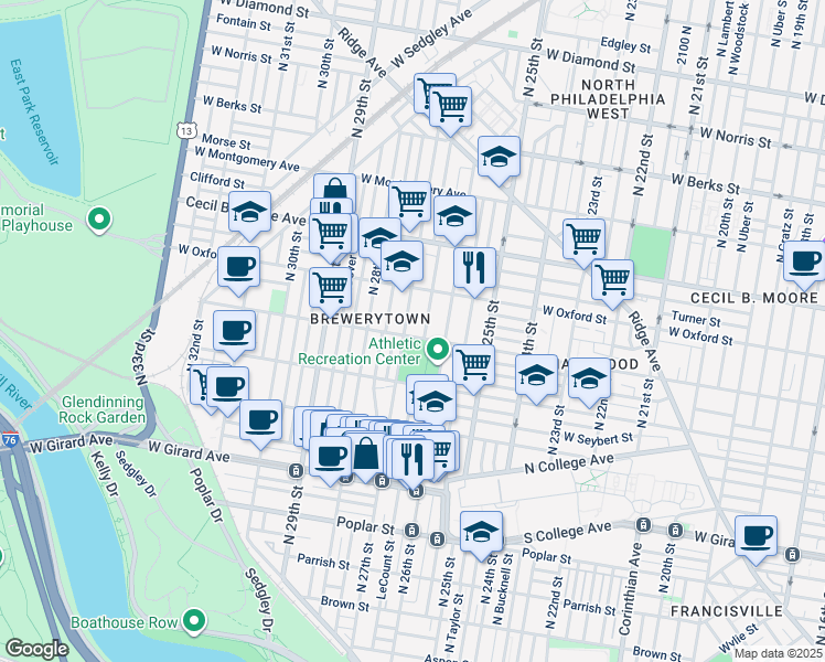 map of restaurants, bars, coffee shops, grocery stores, and more near 2637 West Jefferson Street in Philadelphia