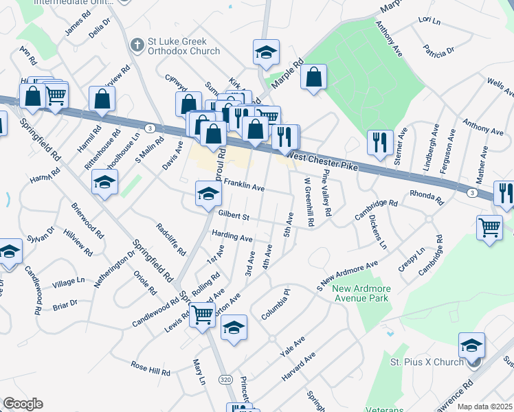 map of restaurants, bars, coffee shops, grocery stores, and more near 80 3rd Avenue in Broomall