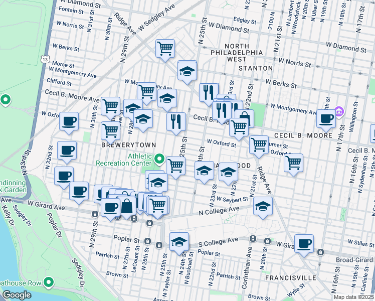 map of restaurants, bars, coffee shops, grocery stores, and more near 2434 Bolton Street in Philadelphia
