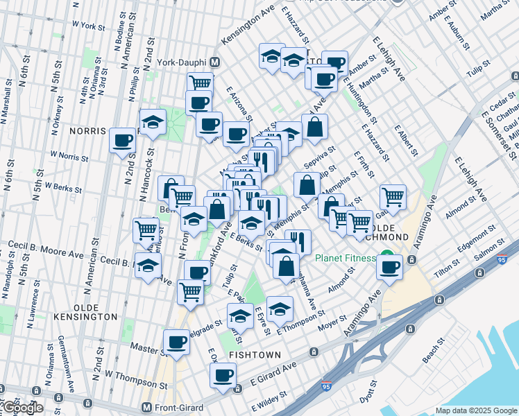 map of restaurants, bars, coffee shops, grocery stores, and more near 2307 East Norris Street in Philadelphia
