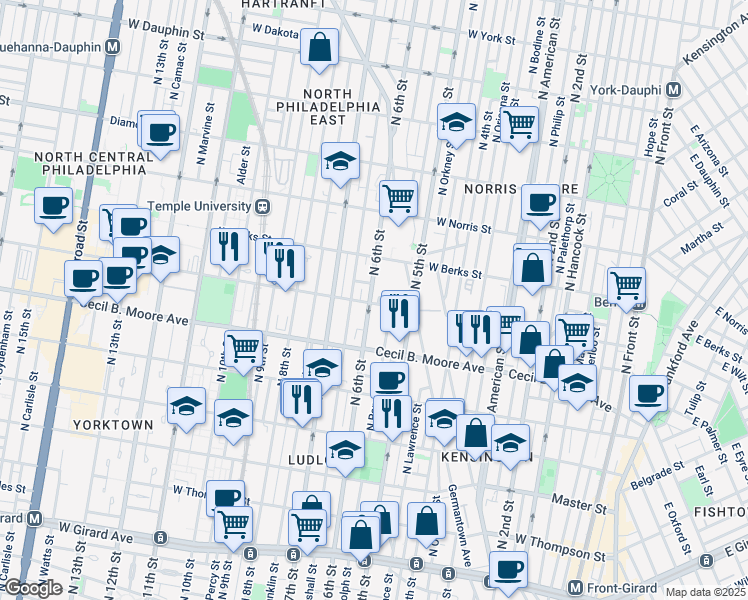 map of restaurants, bars, coffee shops, grocery stores, and more near 1740 North 6th Street in Philadelphia