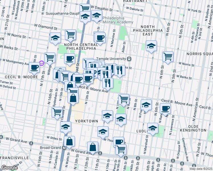 map of restaurants, bars, coffee shops, grocery stores, and more near 1100 Cecil B. Moore Avenue in Philadelphia