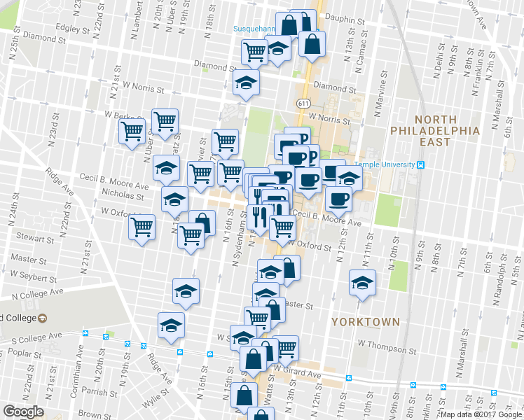 map of restaurants, bars, coffee shops, grocery stores, and more near 1600 North Broad Street in Philadelphia