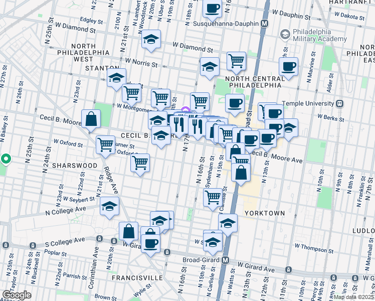 map of restaurants, bars, coffee shops, grocery stores, and more near 1609 West Oxford Street in Philadelphia