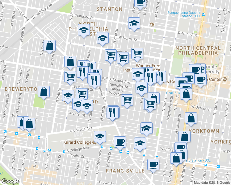 map of restaurants, bars, coffee shops, grocery stores, and more near 1542 North 20th Street in Philadelphia