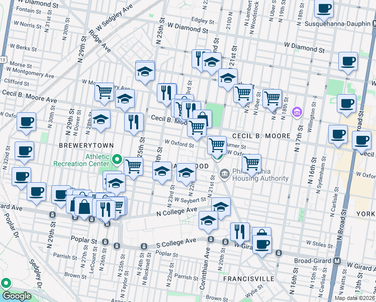 map of restaurants, bars, coffee shops, grocery stores, and more near in Philadelphia