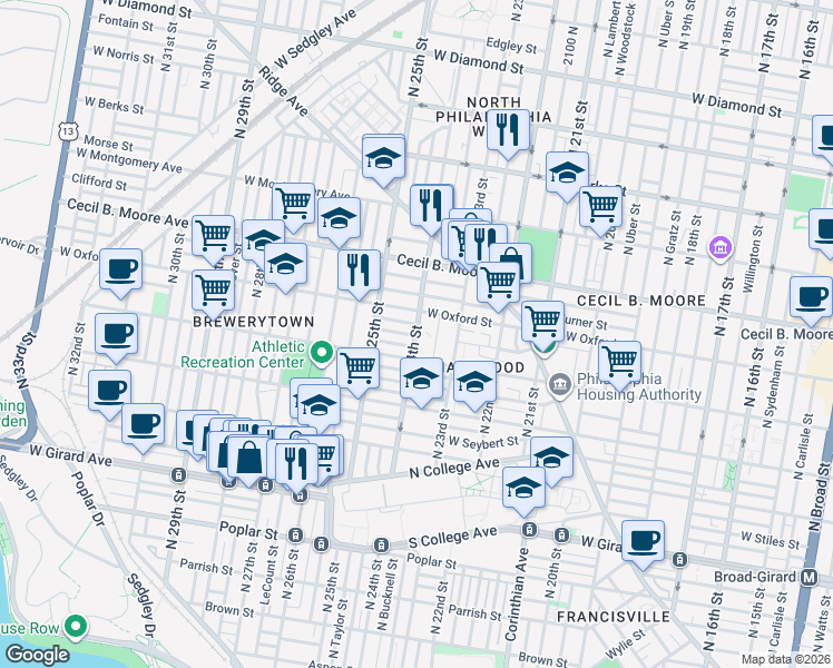 map of restaurants, bars, coffee shops, grocery stores, and more near in Philadelphia