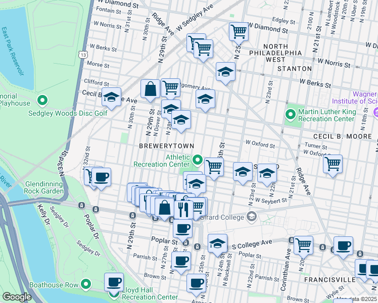 map of restaurants, bars, coffee shops, grocery stores, and more near 1400 North 26th Street in Philadelphia