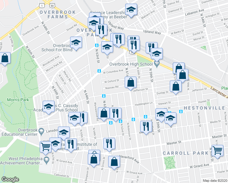 map of restaurants, bars, coffee shops, grocery stores, and more near 1742 North 62nd Street in Philadelphia
