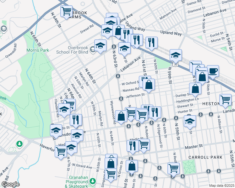 map of restaurants, bars, coffee shops, grocery stores, and more near 847 North 63rd Street in Philadelphia