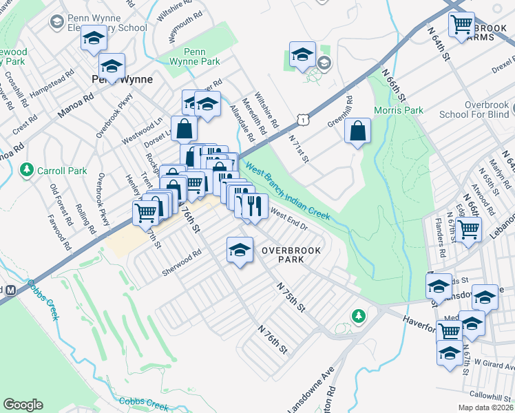 map of restaurants, bars, coffee shops, grocery stores, and more near 7321 Brookhaven Road in Philadelphia