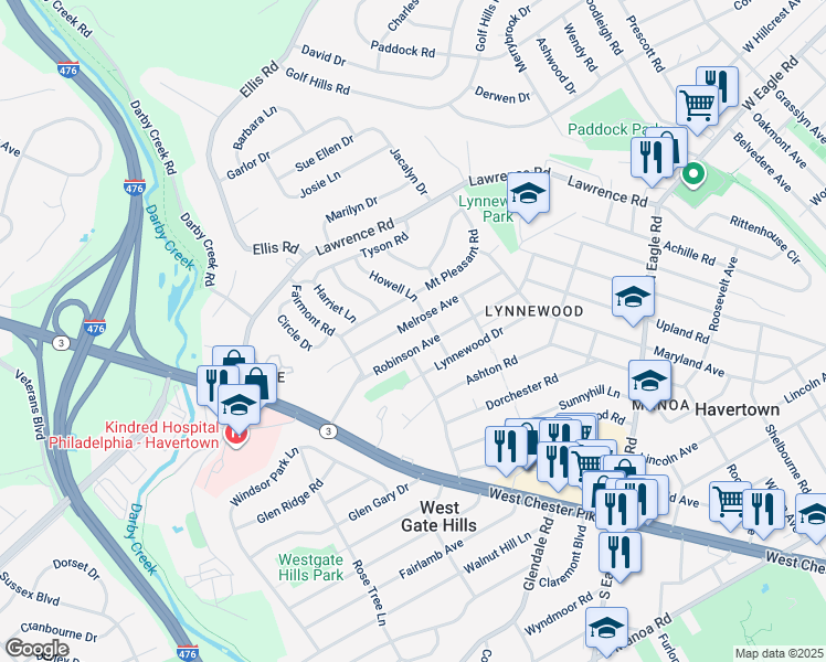 map of restaurants, bars, coffee shops, grocery stores, and more near 1706 Melrose Avenue in Havertown