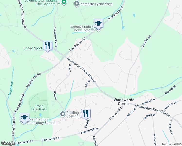 map of restaurants, bars, coffee shops, grocery stores, and more near 1347 Westminster Drive in Downingtown